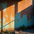 Long shadows stretch across rusty, peeling paint , decay, silence, light Royalty Free Stock Photo