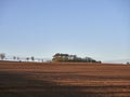 A recently ploughed field near to Arbroath with its dark brown soil uncovered and long shadows from trees coming across the ground