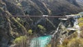 Long shot of the bungy jumping at kawarau bridge