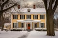 long shot of colonial house framed by trees in winter