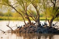 long-shot of migrating birds nesting on wetland trees