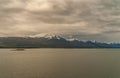 Long shot on mountains and Islet in Beagle Channel, Tierra del Fuego, Argentina