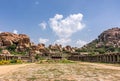 Long shot of Nandi Monolith temple in its area, Hampi, Karnataka, India