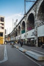 Long shot of an old abandoned viaduct refurbished into shops in Zurich, Switzerland