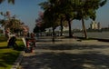 Long shot of the Riverside Park paved path along the Mekong River in Phnom Penh, Cambodia