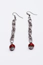 Long silver earrings with red gems