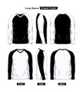 V Neck Long Sleeve Raglan T-Shirt Template, Front Side And Back, Black and White Color Royalty Free Stock Photo