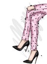 Long slender legs in tight trousers and high-heeled shoes. Fashion, style, clothing and accessories. Vector illustration.