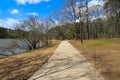 A long smooth footpath in the park with an African American couple on a black metal swing on the banks of the lake