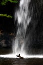 Long speed shutter technique of splashing waterfall drop on pond with dark scene Royalty Free Stock Photo