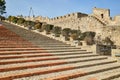 A long staircase in an ancient stone fortress