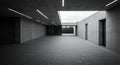 Empty concrete hallway featuring minimalist design, linear lights, and an outdoor view. Royalty Free Stock Photo