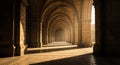 Ancient Stone Arched Corridor with Dramatic Sunlight and Shadows architecture hallway Royalty Free Stock Photo