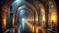 Stone Hallway Arches Torches Light Reflections fire Royalty Free Stock Photo