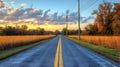 Wet Asphalt Road Bisecting Golden Fields Under a Dramatic Sunset Royalty Free Stock Photo