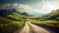 summer road in mountain. A long straight road leading towards a mountains. Amazing bright spring