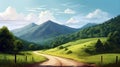 A long straight road leading towards a mountains. Amazing bright spring and summer landscape