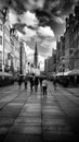 Long street in Gdansk. Artistic look in black and white.