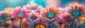 Long summer banner with pink gerbera flowers. Bright colorful gerberas, gypsophila, alstroemeria, greenery, close-up