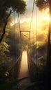 Long Suspension Bridge in Dense Lush Jungle At Sunset AI Generative