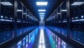 Expansive data center server room with blue lights and reflections stretching into distance Royalty Free Stock Photo