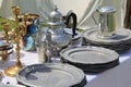 Long tables set with typical items for sale at market, seen during reenactment, Fort Ontario, New York, 2016 Royalty Free Stock Photo