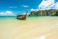 Long-tail boat arrives to the West Railay Beach - Krabi, Thailand Royalty Free Stock Photo