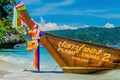 Long tail boat on azure water of Andaman Sea