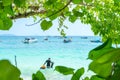 Long tail boats anchored waiting for trourist at the Hong Island in Krabi Province Thailand Royalty Free Stock Photo