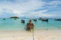 Long tail boats lined along the beach in Koh Lipe island in Thailand Royalty Free Stock Photo