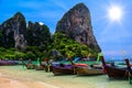 Long tail boats and rocks on Railay beach west, Ao Nang, Krabi Royalty Free Stock Photo