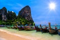 Long tail boats and rocks on Railay beach west, Ao Nang, Krabi Royalty Free Stock Photo