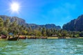 Long tail boats on tropical beach with palms, Tonsai Bay, Railay Royalty Free Stock Photo