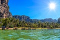 Long tail boats on tropical beach with palms, Tonsai Bay, Railay Royalty Free Stock Photo