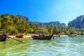Long tail boats on tropical beach with palms, Tonsai Bay, Railay Beach, Ao Nang, Krabi, Thailand Royalty Free Stock Photo