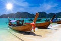 Long tail boats on tropical beach, Phi Phi Don island, Andaman s Royalty Free Stock Photo