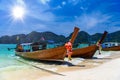 Long tail boats on tropical beach, Phi Phi Don island, Andaman s Royalty Free Stock Photo