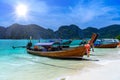 Long tail boats on tropical beach, Phi Phi Don island, Andaman s Royalty Free Stock Photo