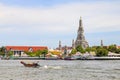 A long-tailed boat is sailing on the Chao Phraya River. It\'s a quick water journey in Bangkok