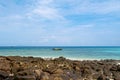 Long tailed boats near tropical beach at Ko Phi Phi, Thailand. Tropic beach with white sand and turquoise water, concept of Royalty Free Stock Photo