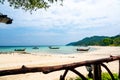 Long tailed boats near tropical beach at Ko Phi Phi, Thailand. Tropic beach with white sand and turquoise water, concept of Royalty Free Stock Photo