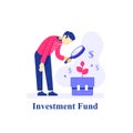 Long term investment portfolio, person with magnifying glass, business research and analytics