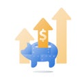 Metal piggy bank, long term investment strategy, arrow of growth, more money, revenue boost, financial performance