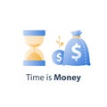 Long term investment strategy, pension savings fund, hourglass and bag, time is money concept, capital growth, asset allocation Royalty Free Stock Photo