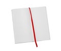 Long, thin, lined notebook background with red fabric bookmark. New page, new leaf concept. Isolated on white background