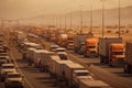 a long traffic jam of many trucks at the border , a long wait for customs checks between States due to the coronavirus