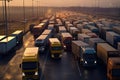 a long traffic jam of many trucks at the border , a long wait for customs checks between States due to the coronavirus