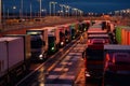 a long traffic jam of many trucks at the border , a long wait for customs checks between States due to the coronavirus