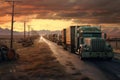 a long traffic jam of many trucks at the border , a long wait for customs checks between States due to the coronavirus