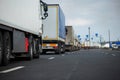 A long traffic jam of trucks on a closed border